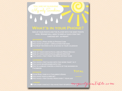 whats-in-your-phone You are my Sunshine Baby Shower Game Pack