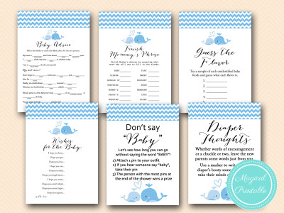 blue baby whale baby shower game pack, blue nautical baby shower games, tlc118