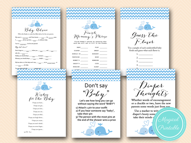 Game Set Whale Baby Shower Games Pack INSTANT DOWNLOAD PRINTABLE Nautical Theme Light Purple & Aqua Blue