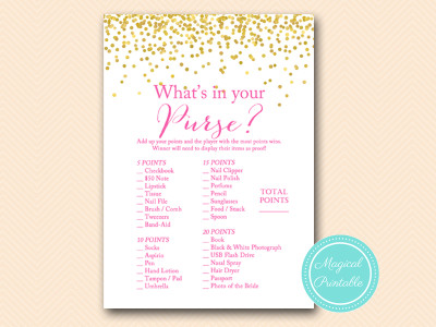 whats-in-your-purse Hot Pink and Gold Confetti Bridal Shower Games