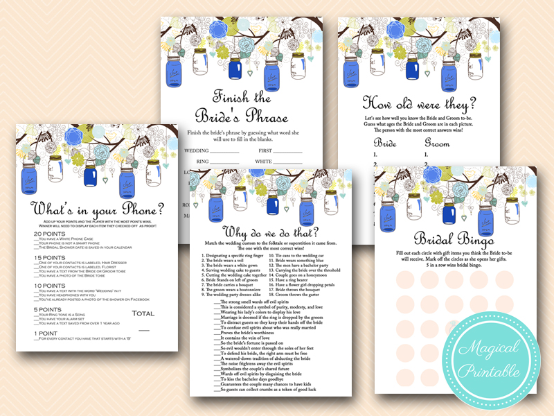 Navy Mason Jars Bridal Shower Games Magical Printable