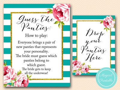 BS13-drop-your-panties-how-to-play-sign--floral-teal-stripes-bridal-shower-game