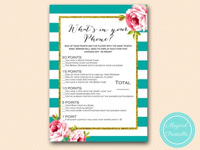 BS13-whats-in-your-phone-floral-teal-stripes-bridal-shower-game