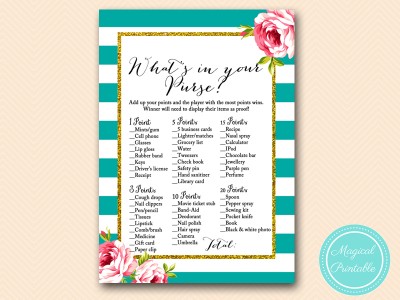 BS13-whats-in-your-purs-floral-teal-stripes-bridal-shower-game