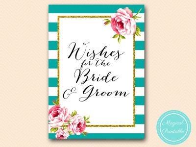 BS13-wishes-for-bride-groom-sign-floral-teal-stripes-bridal-shower-game