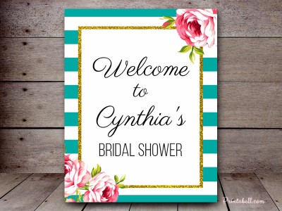 bs13 teal stripes floral invitation wedding bridal shower Welcome sign