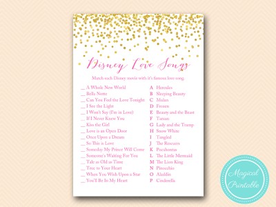 disney love song Hot Pink and Gold Confetti Bridal Shower Games