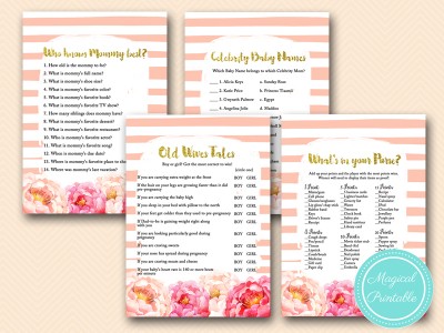 peonies flower baby shower game pack, stripes, peach girl baby shower tlc142