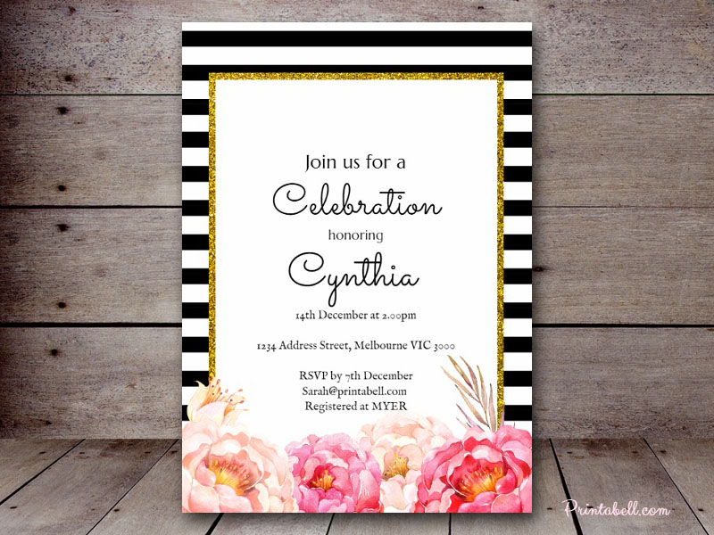 Printable Customizable Pink Peony with Black and White Stripes Bridal Shower Invitation
