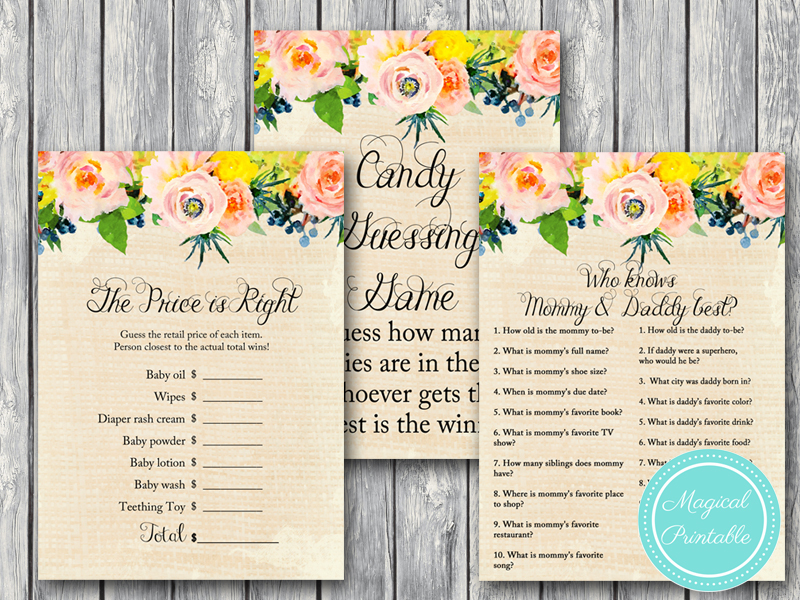 Rustic, Burlap and Floral Baby Shower Game - Magical Printable