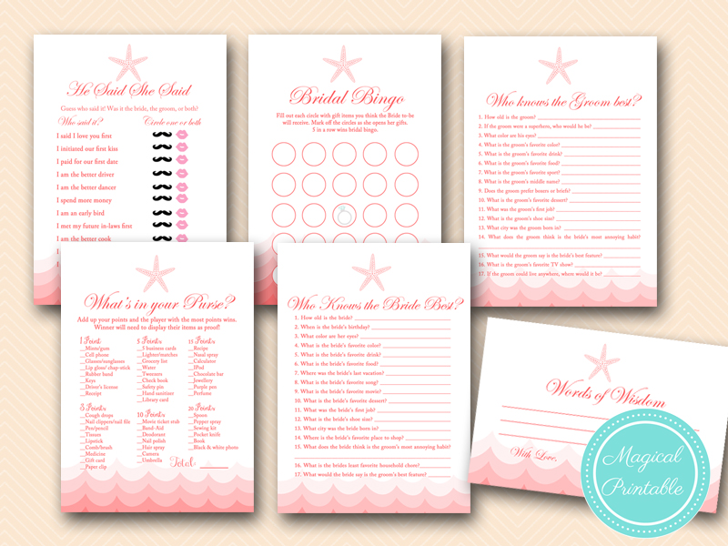 Coral Beach Nautical Bridal Shower Games Magical Printable