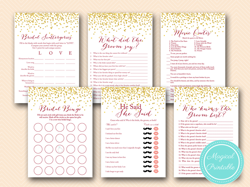 Burgundy Bridal Shower Game Pack Magical Printable