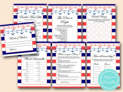 Navy and Coral Nautical Bridal Shower Games Pack - Magical Printable