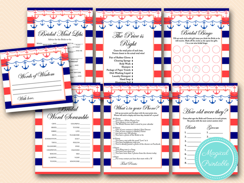 Navy and Coral Nautical Bridal Shower Games Pack - Magical Printable