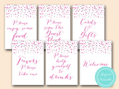 pink silver wedding signs, bridal shower signs, pink girl baby shower signs, decoration printable sn179