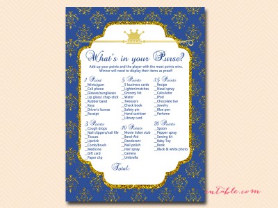 whats in your purse prince baby shower game royal blue tlc109