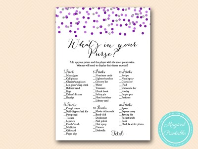 BS426-whats-in-your-purse-purple-silver-dots-bridal-shower-game