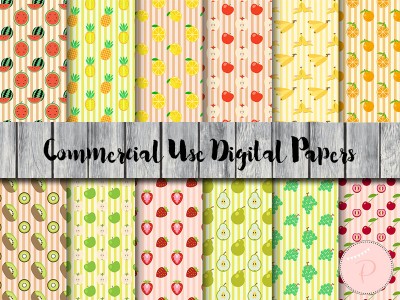 dp77 Fruits Digital Paper, Apple, Orange, Strawberry, Banana Digital Papers