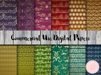 dp88 Gold Damask Moroccan Digital Paper, Swirls Floral Damask pattern