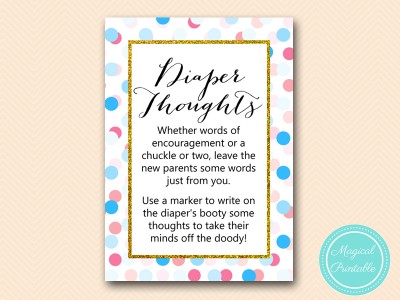 TLC430-R-diaper-thoughts-5x7 Gold, Pink, Blue Dots Gender Reveal 