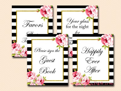 black stripes floral wedding, bridal shower signs, baby shower signs, favors, welcome, cards, sn26