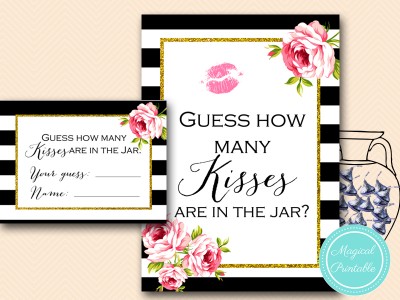 how-many-kisses-black-stripes-pink-floral-chic-bridal-shower-game