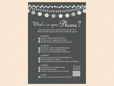 whats in your phone Gray Rustic Baby Shower Game Printables