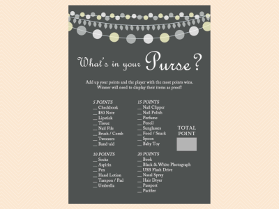 whats in your purse Gray Rustic Baby Shower Game Printables