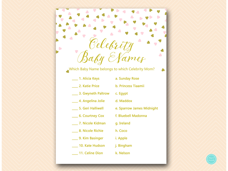Baby Name Race Game Printable Instant Download Pink and Gold Celebrity