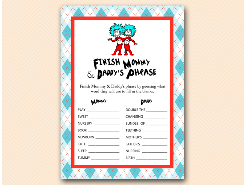 Dr Seuss Thing 1 Thing 2 Baby Shower Games - Magical Printable