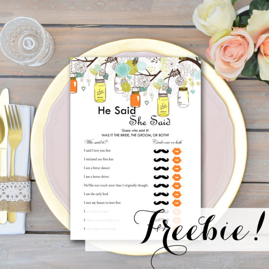 Free He said she said Bridal Shower Game - Yellow Orange - Magical ...