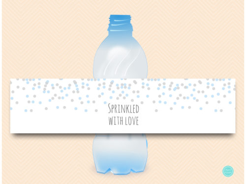 TLC108 Water-Bottle-Label sprinkled with love baby shower labels sprinkle blue and gray