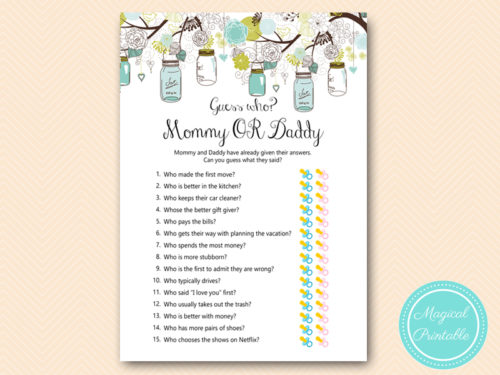 Mason Jars Mommy or Daddy Game Magical Printable