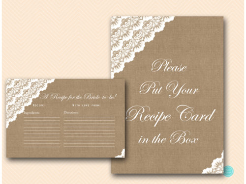 BS34-recipe-card-sign-put-in-box-burlap-and-lace-bridal-shower-activities