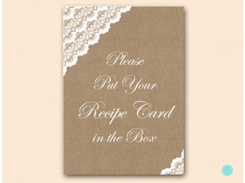 BS34-recipe-card-sign-put-in-box-burlap-lace-bridal-shower-game