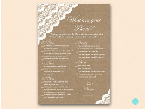 BS34-whats-in-your-phone-burlap-lace-bridal-shower-game