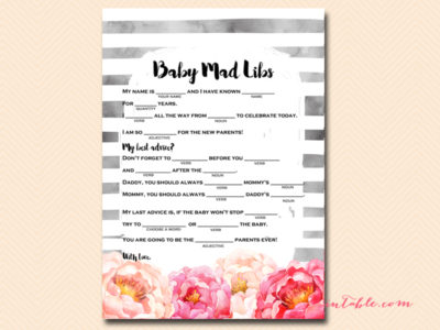 floral watercolor peonies mad libs baby shower game