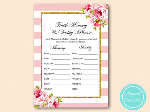 Pink Floral Finish mommy and daddy's phrase game - Magical Printable