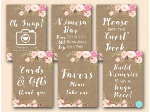 boho-flower-burlap-bridal-shower-table-signs-snapchat-mimosa-guestbook
