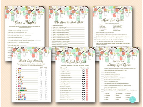 mint and peach bridal shower games package instant download