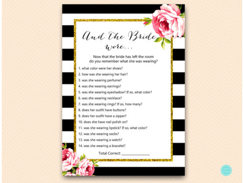 BS10B-what-the-bride-woreA-black-gold-floral-bridal-shower-games-hens-night-game