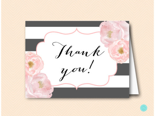bs150 peonies floral bridal shower thank you cards, grey stripes