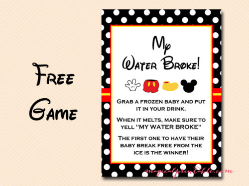 free mickey mouse baby shower games, instant download, my water broke