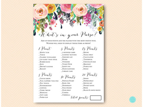 Floral Garden What's in your Purse Bridal Shower Game Magical Printable