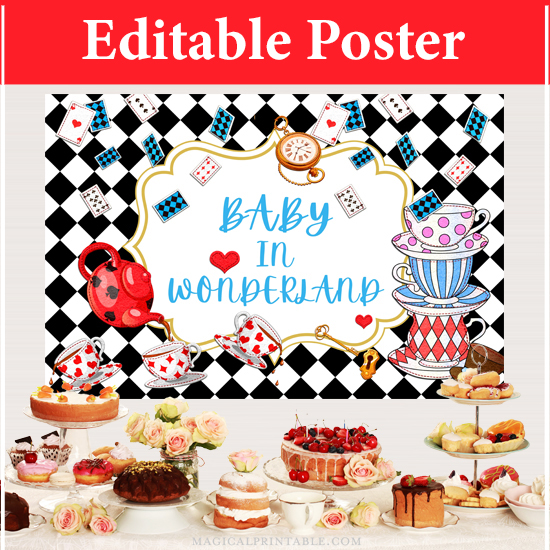 editable alice in wonderland baby shower backdrop poster