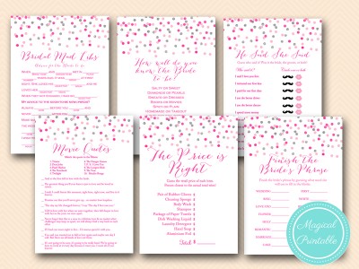 pink and silver bridal shower games package printable bs179 confetti