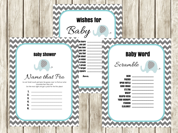 Blue Elephant Dirty diaper baby shower game, name that poo, fun baby shower game, printable baby shower game, baby advice, scramble