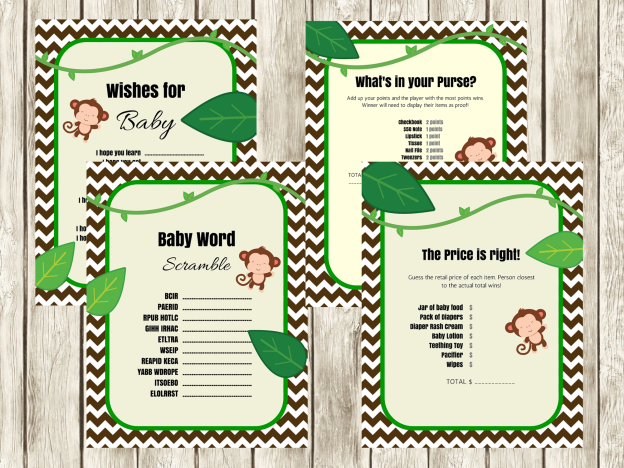 Monkey Jungle baby shower games, baby Price is right, fun baby shower game, printable baby shower, baby advice, scramble, wishes for baby