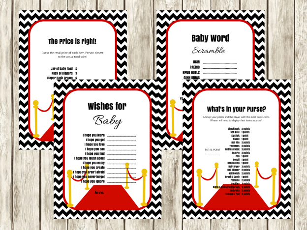 Hollywood baby shower games, Star is born baby Price is right, fun baby shower game, printable games, baby advice, scramble, wishes for baby