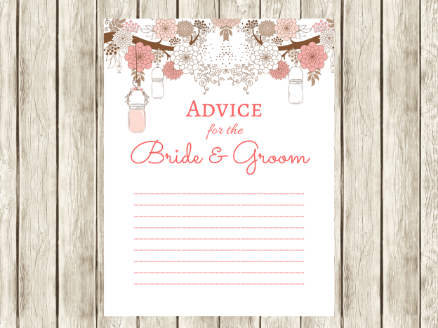 Pink Advice for Bride & groom, wedding advice cards, advice cards, wedding activity, Printable advice card, Bride groom, mason